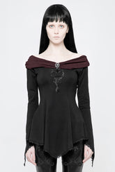 Black Bertha Neck Off Shoulder Long Sleeves Embroidery Women's Punk Blouse